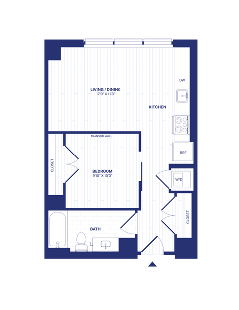 Floor plan for 1 bed, 1 bath, 581 sqft