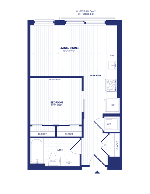 Floor plan for 1 bed, 1 bath, 524 sqft
