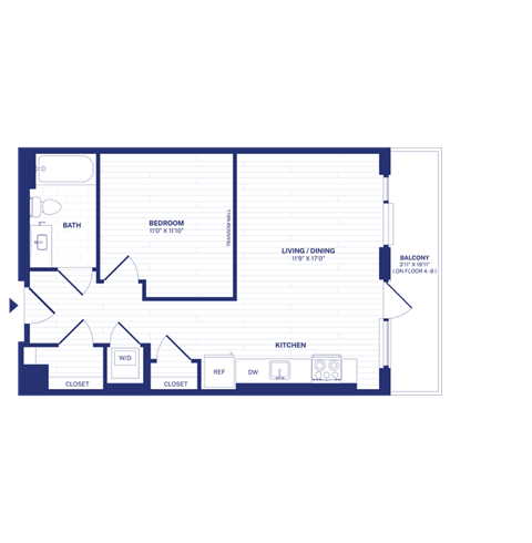 Floor plan for 1 bed, 1 bath, 611 sqft