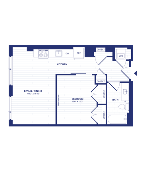 Floor plan for 1 bed, 1 bath, 613 sqft