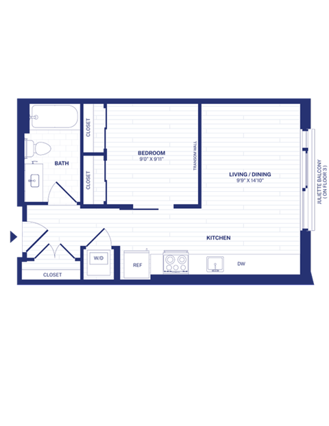 Floor plan for 1 bed, 1 bath, 513 sqft