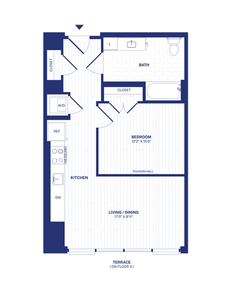Floor plan for 1 bed, 1 bath, 619 sqft