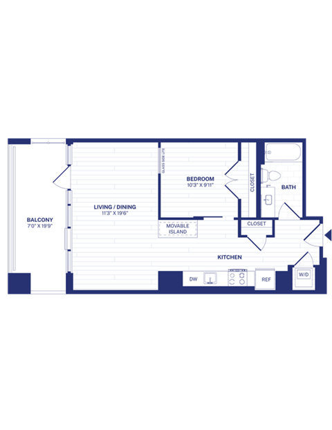 Floor plan for 1 bed, 1 bath, 654 sqft
