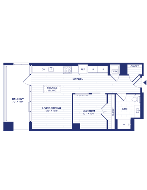 Floor plan for 1 bed, 1 bath, 673 sqft