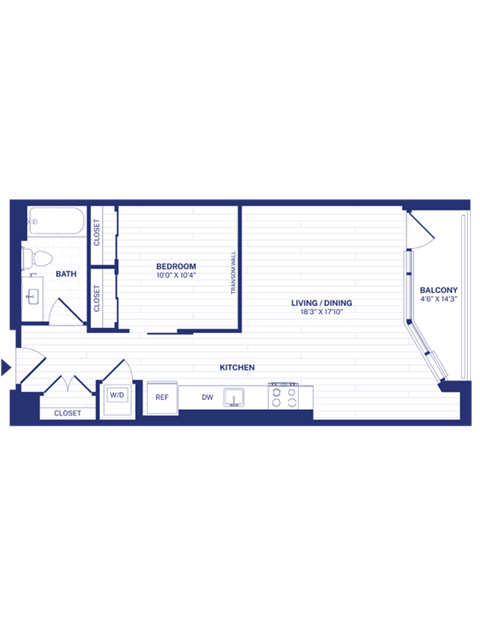 Floor plan for 1 bed, 1 bath, 638 sqft