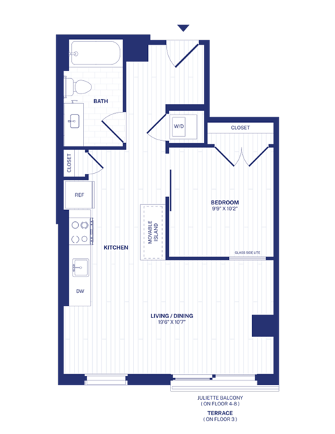 Floor plan for 1 bed, 1 bath, 593 sqft