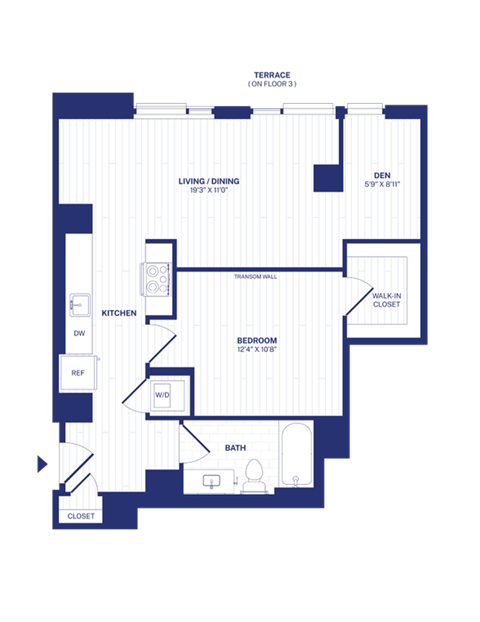 Floor plan for 1 bed, 1 bath, 751 sqft