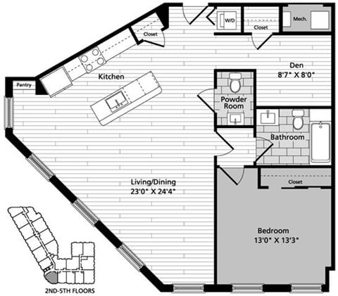 Floor plan for 1 bed, 1.5 baths, 917 sqft