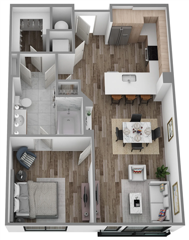 Floor plan for 1 bed, 1 bath, 725 sqft