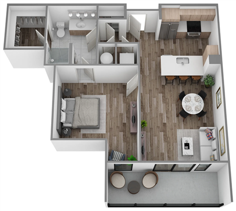 Floor plan for 1 bed, 1 bath, 727 sqft