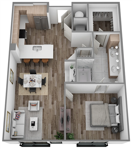 Floor plan for 1 bed, 1 bath, 789 sqft