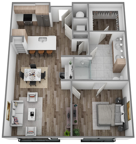 Floor plan for 1 bed, 1 bath, 852 sqft