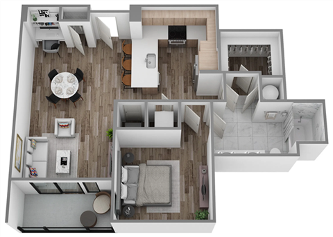 Floor plan for 1 bed, 1 bath, 897 sqft