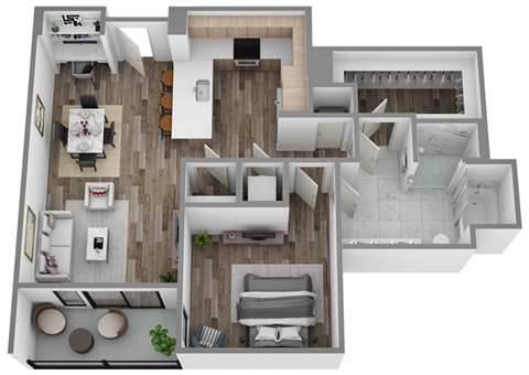 Floor plan for 1 bed, 1 bath, 917 sqft