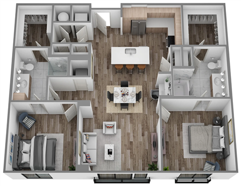 Floor plan for 2 beds, 2 baths, 1233 sqft
