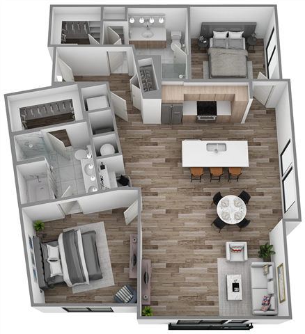 Floor plan for 2 beds, 2 baths, 1390 sqft