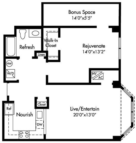 Floor plan for 1 bed, 1 bath, 890 sqft