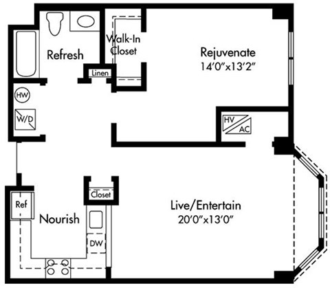 Floor plan for 1 bed, 1 bath, 797 sqft