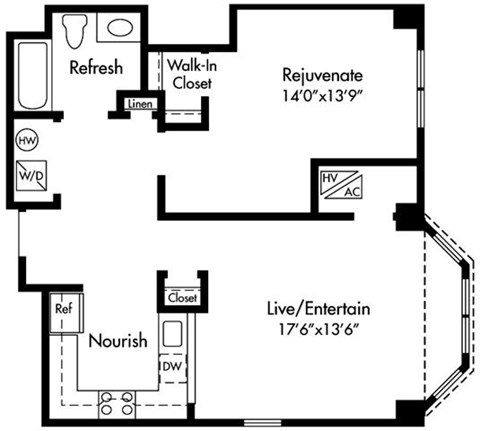 Floor plan for 1 bed, 1 bath, 808 sqft