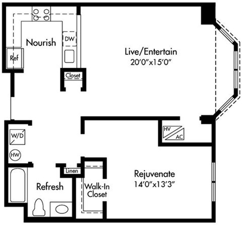Floor plan for 1 bed, 1 bath, 843 sqft