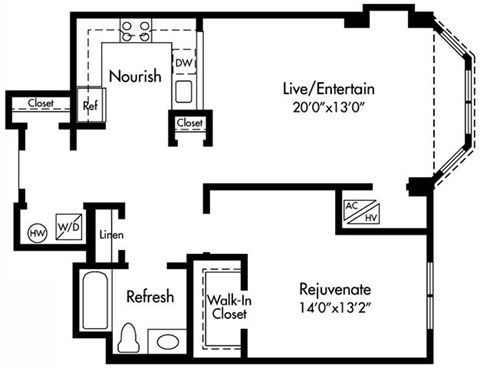 Floor plan for 1 bed, 1 bath, 850 sqft