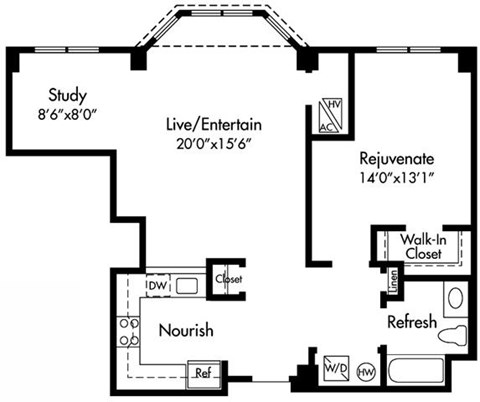 Floor plan for 1 bed, 1 bath, 923 sqft