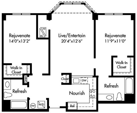 Floor plan for 2 beds, 2 baths, 1072 sqft