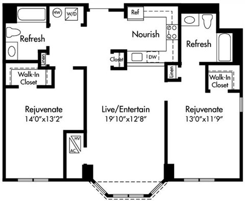 Floor plan for 2 beds, 2 baths, 1110 sqft