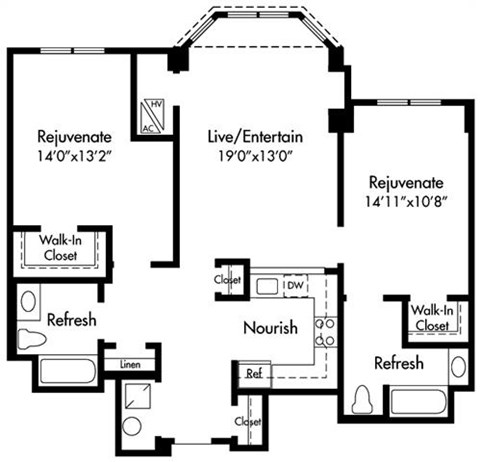 Floor plan for 2 beds, 2 baths, 1136 sqft