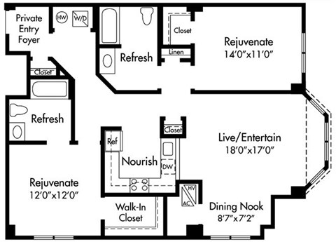 Floor plan for 2 beds, 2 baths, 1214 sqft