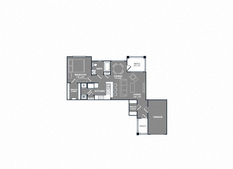 Floor plan for 1 bed, 1 bath, 764 sqft