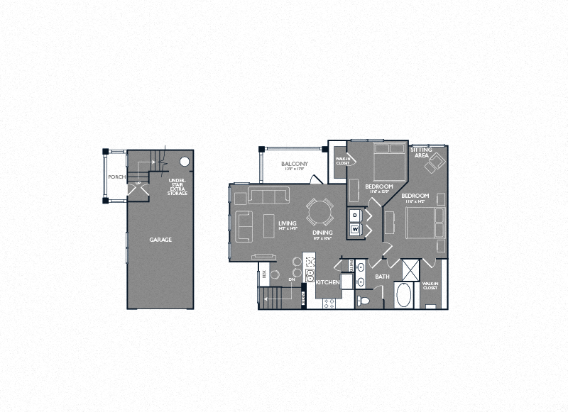 Floor plan for 2 beds, 1 bath, 1177 sqft