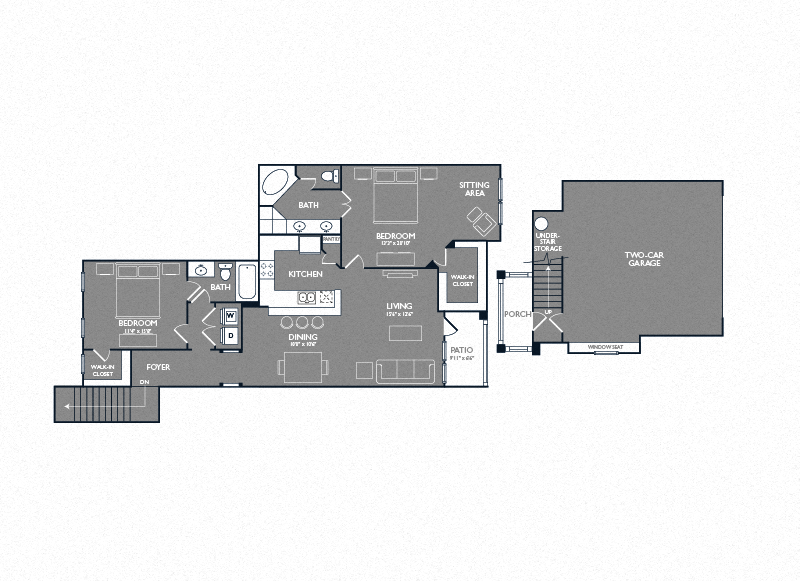 Floor plan for 2 beds, 2 baths, 1381 sqft