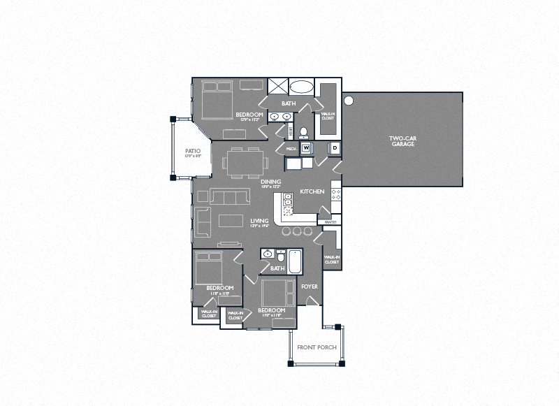 Floor plan for 3 beds, 2 baths, 1537 sqft