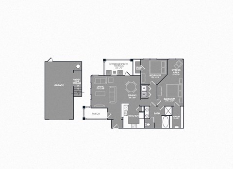 Floor plan for 2 beds, 1 bath, 1077 sqft