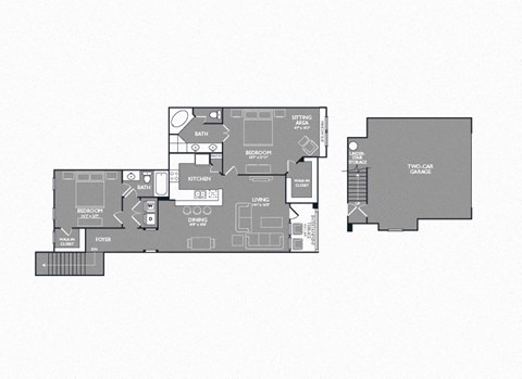 Floor plan for 2 beds, 2 baths, 1387 sqft