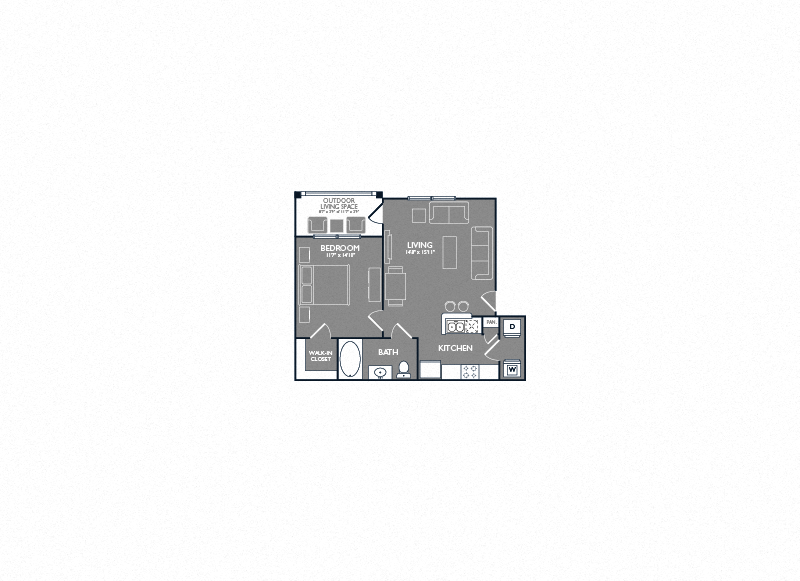 Floor plan for 1 bed, 1 bath, 619 sqft