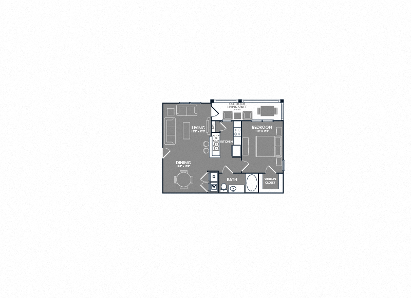 Floor plan for 1 bed, 1 bath, 690 sqft