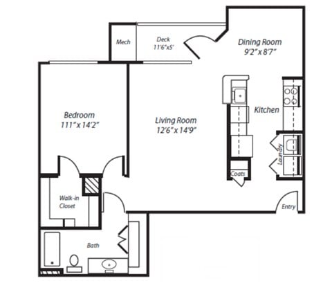 Floor plan for 1 bed, 1 bath, 851 sqft