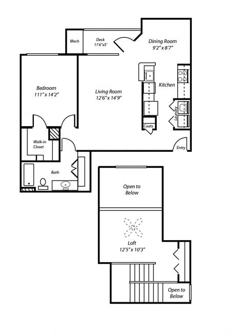 Floor plan for 1 bed, 1 bath, 1283 sqft