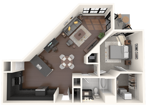Floor plan for 1 bed, 1 bath, 937 sqft