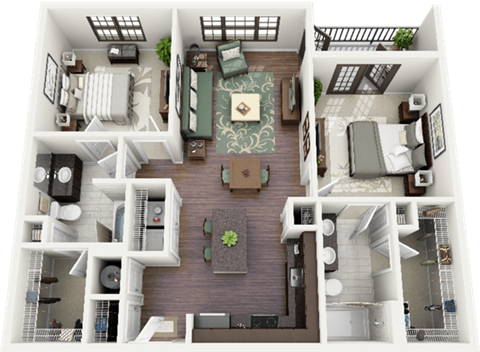 Floor plan for 2 beds, 2 baths, 1131 sqft