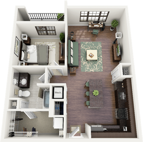 Floor plan for 1 bed, 1 bath, 796 sqft