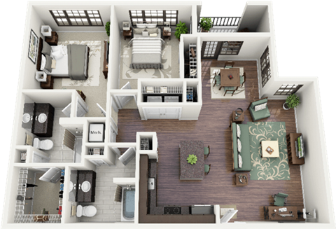 Floor plan for 2 beds, 2 baths, 1150 sqft