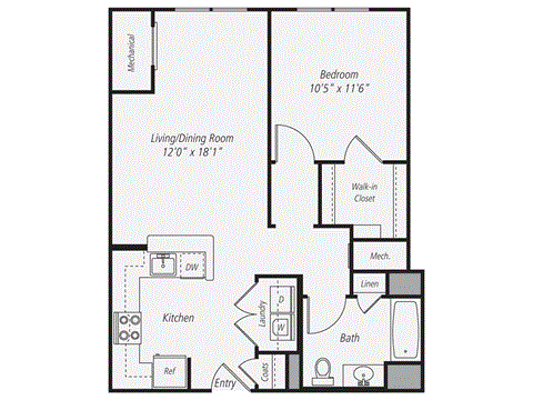 Floor plan for 1 bed, 1 bath, 714 sqft