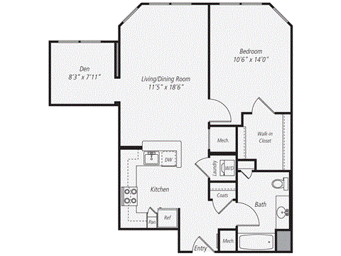 Floor plan for 1 bed, 1 bath, 829 sqft