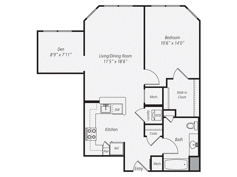 Floor plan for 1 bed, 1 bath, 805 sqft