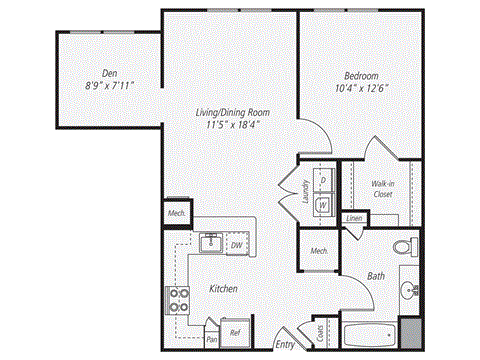Floor plan for 1 bed, 1 bath, 769 sqft