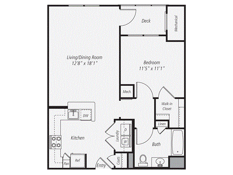 Floor plan for 1 bed, 1 bath, 710 sqft