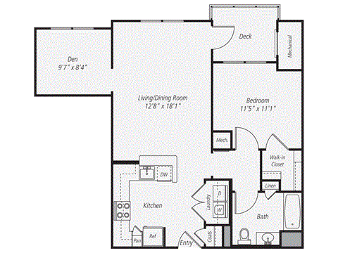 Floor plan for 1 bed, 1 bath, 801 sqft